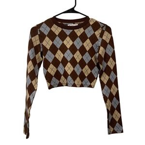 Bershka‎ Argyle Knit Crop Sweater Brown Blue